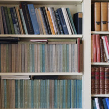 old colorful books on white shelves