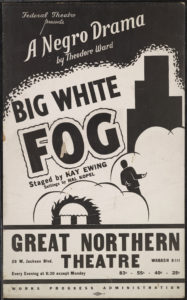 vintage poster with black block letters, white clouds and black skyscraper