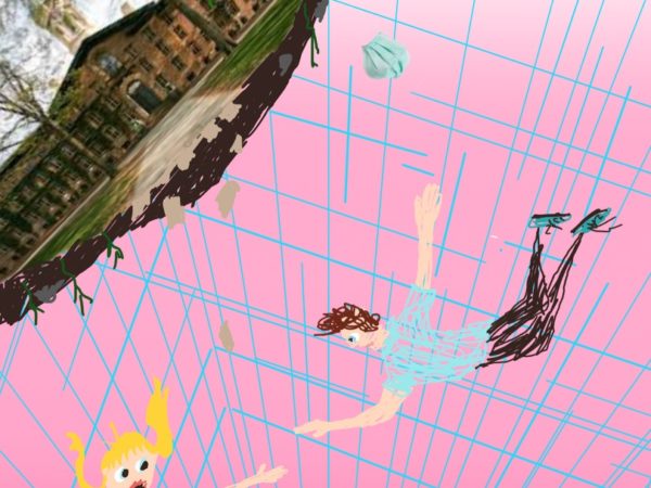 animated girl and boy figure falling down a tunnel grid with image of Nassau Hall floating above them