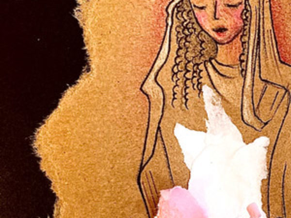 golden illustration of woman next to light pink flower