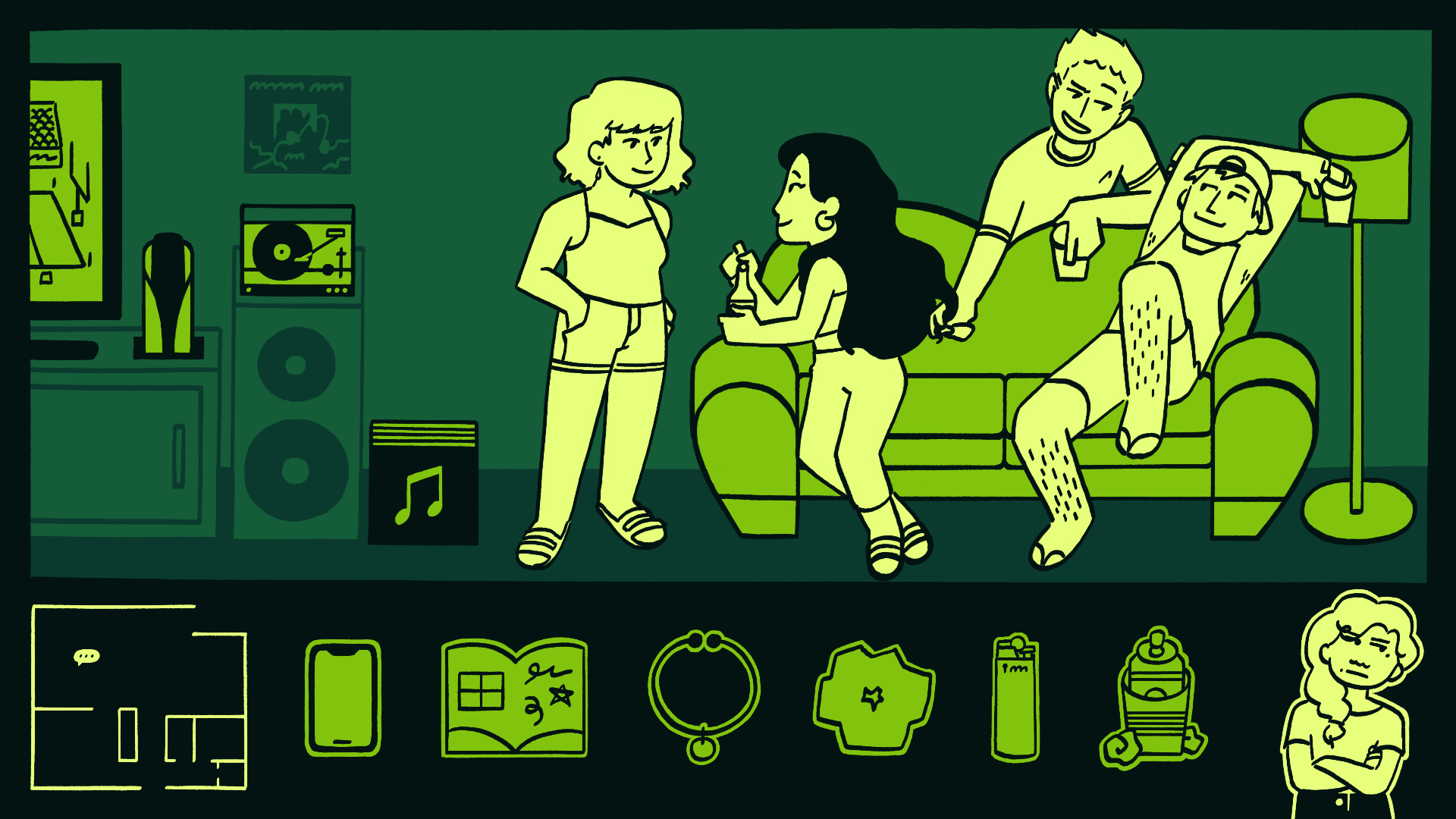green illustration of 4 people reclining on and around a couch