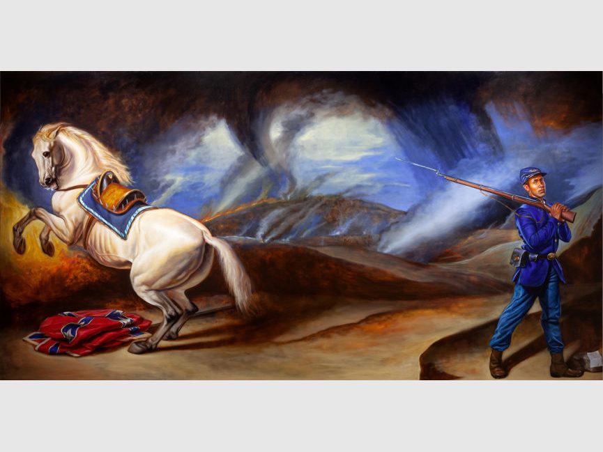 painting of solider and rearing white horse on battlefield