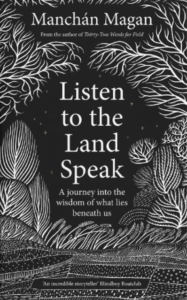 cover of the book "Listen to the Land Speak" featuring black cover with white botanical line drawings