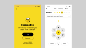mobile phone screens featuring the yellow intro screen of Spelling Bee game. Also a white screen with honeycomb shaped word tiles