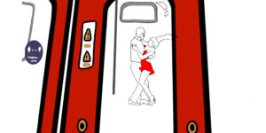 View through red subway doors into the subway, where two line-drawn figures dance together.