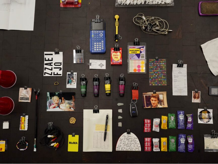 Artifacts of Eloise Schrier's life are neatly arranged on the floor of a gallery