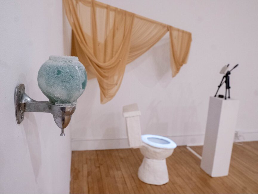 A crystalized soap dispenser hangs a wall near a toilet with a projector displaying images in its bowl