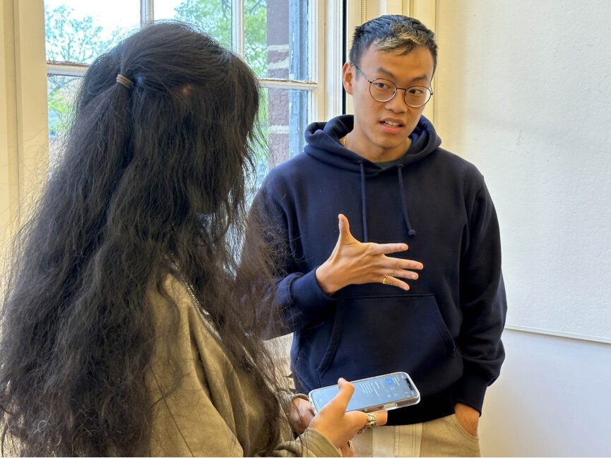 Two people engage in a conversation