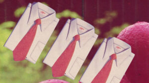 A colorful animation of three white dress shirts with pink ties.