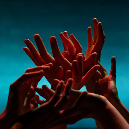 A group of hands silhouetted against a vivid blue backdrop.