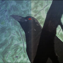 An animation of a crow with red eyes spreading its wings against a blue and green patterned backdrop.