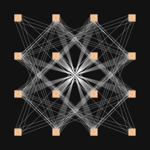 A geometric pattern of white lines and orange squares on a black background.