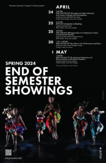 Poster for end of semester showings in dance in April-May 2024
