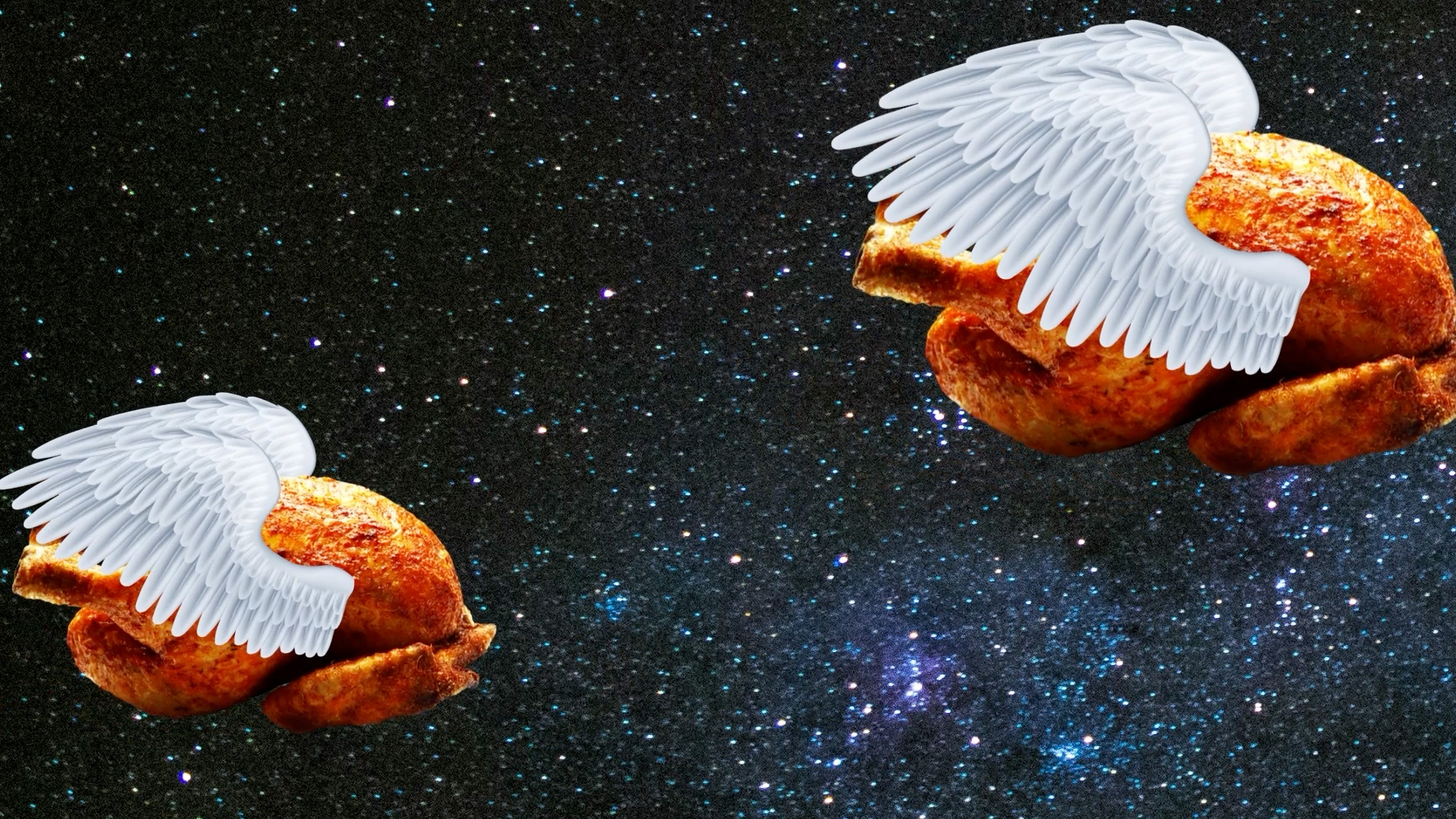 Two cooked turkeys with white wings fly through a starry sky.