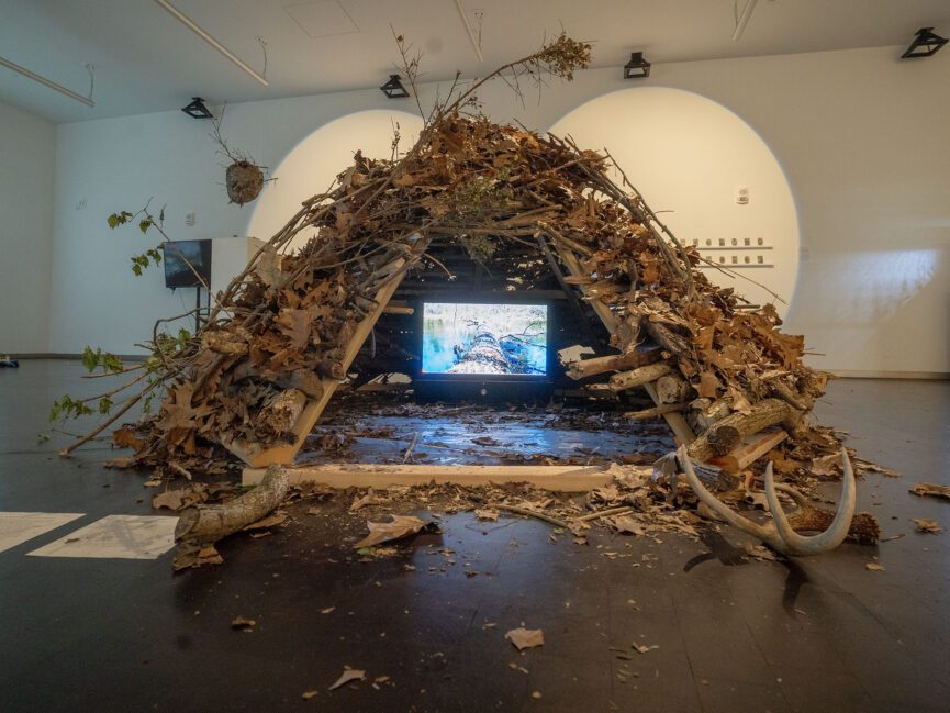 A structure made of sticks and leaves sits in the center of a gallery space. Inside the structure is a video monitor displaying a nature scene