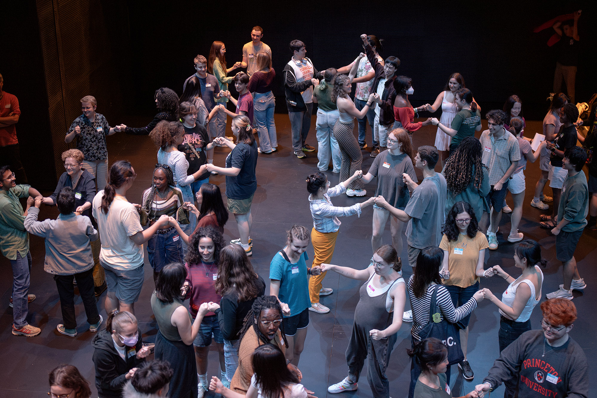 A group of people mingle, some linking arms with others in front of them in a group activity.