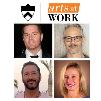 Grid of four headshots paired below Arts At Work logo