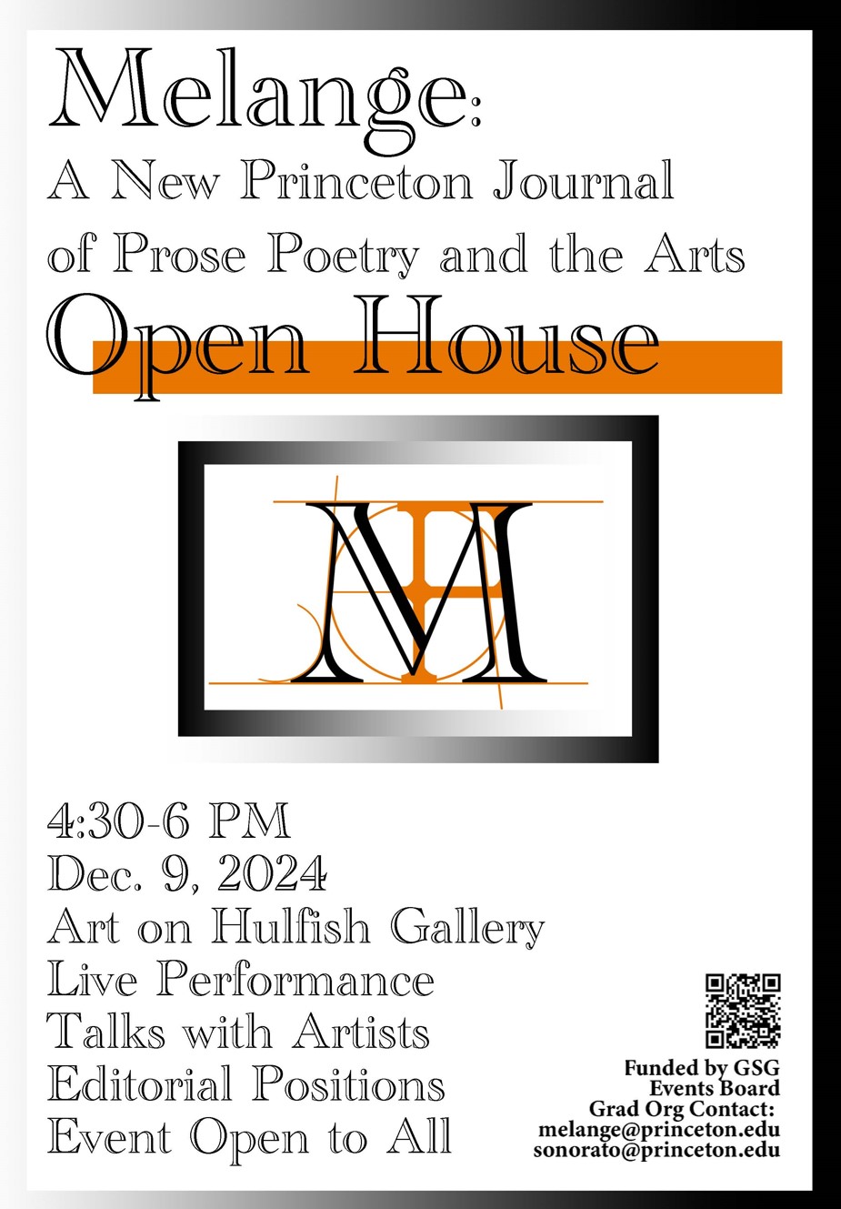 Flyer for inaugural Open House for Melange grad student organization on December 9 at 4:30 PM