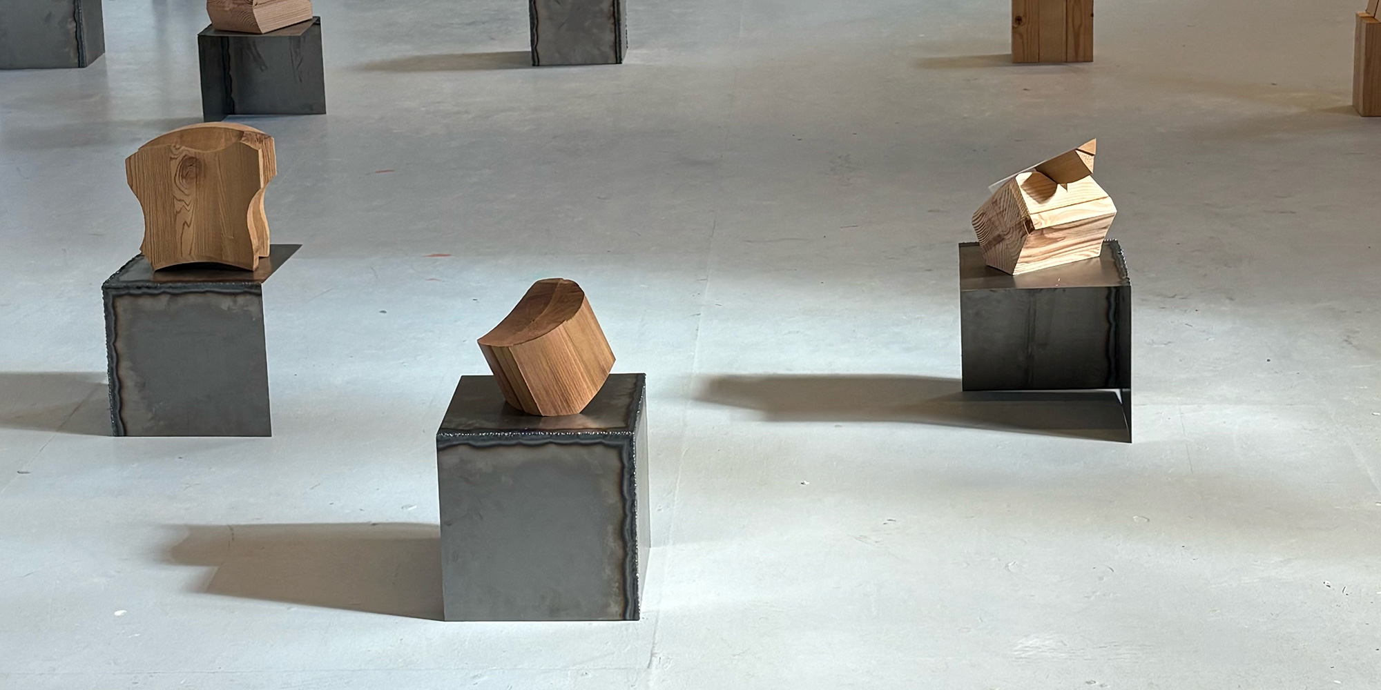 3 wooden sculptures rest on dark cube podiums in a gallery space.